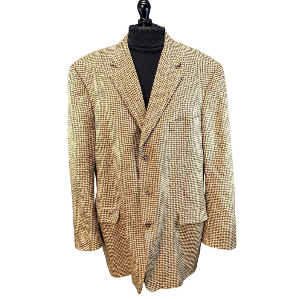 Vintage Burberry Sport Coat - Union Made in USA Tan Houndstooth 90s Silk / Wool